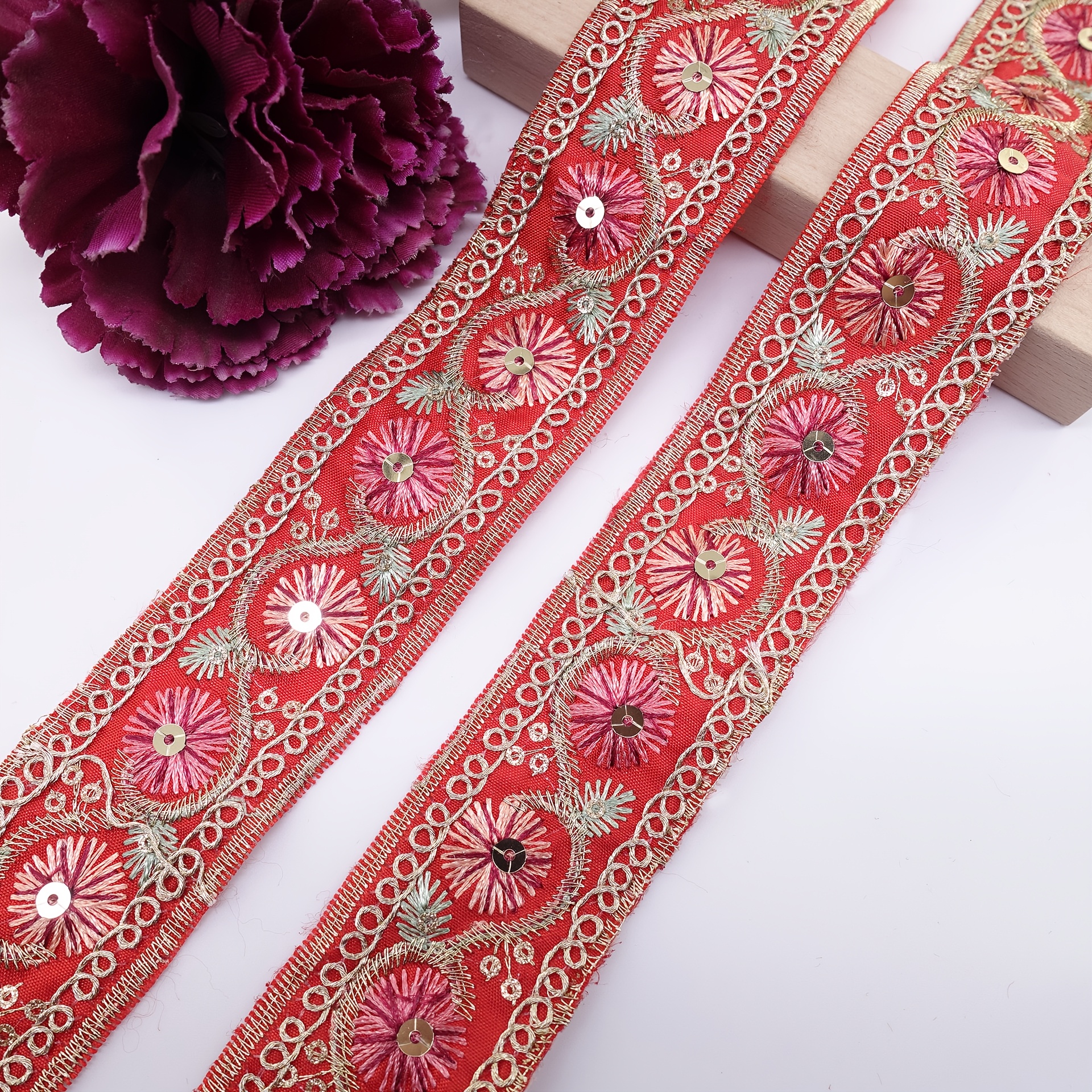Red Nylon Lace with Golden Embroidery for Home Decoration